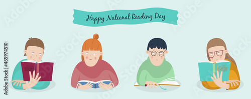 Men and women are reading books. Human characters and objects on blue background and text. Literature fans, bookworm, student, education concept, library. Flat vector illustration