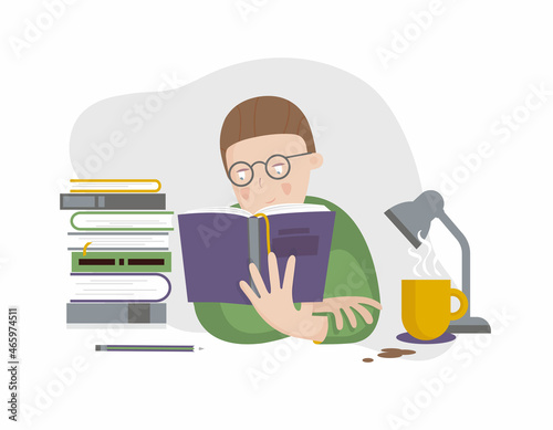 A man reading book sitting at desk and a stack of books. Human character and objects on white background. Literature fans, bookworm, student, education concept, library. Flat vector illustration
