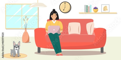 Cute young woman sitting on the couch and working from home with a laptop. Cute french bulldog sitting next to the woman. Home office, freelance, online studying concept illustration.