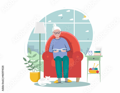 Senior woman sitting in armchair and  reading book. Literature fan, bookworm, education concept, senior lifestyle, leisure time, entertainment. Flat vector illustration 