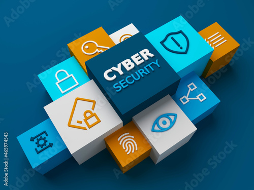 Fototapeta Naklejka Na Ścianę i Meble -  3D render of perspective view of CYBER SECURITY business concept with symbols on colorful cubes on dark blue background