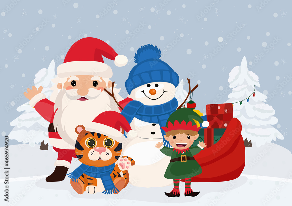 New Year and Christmas funny tiger. The symbol of the year 2022. Vector illustration. New Year and Christmas funny tiger. The symbol of the year 2022. Vector illustration.