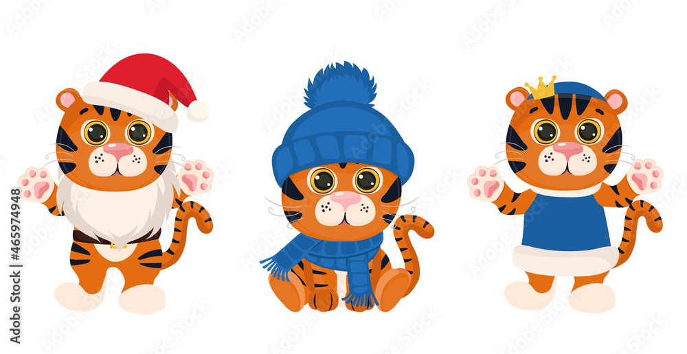 Obraz premium New Year and Christmas funny tiger. The symbol of the year 2022. Vector illustration isolated on white background.