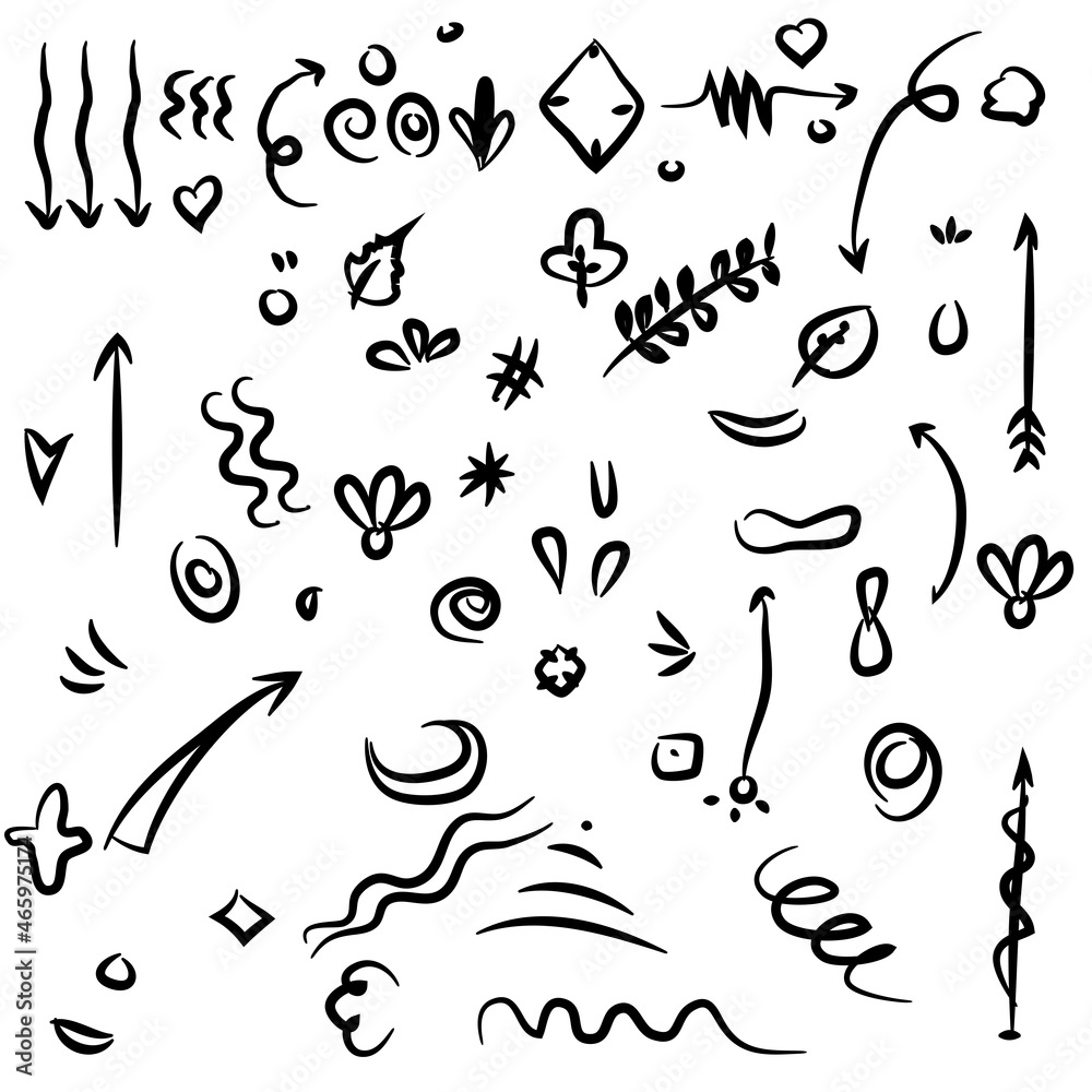 Naklejka premium vector Abstract arrows, ribbons and other elements in hand drawn style for concept design. Doodle illustration. Vector template for decoration