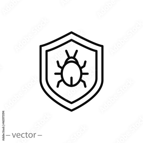 antivirus icon, malware protect, cybersecurity, shield with bug, safe of virus, protect cyber attack, computer system or mobile software safe, thin line symbol - editable stroke vector illustration