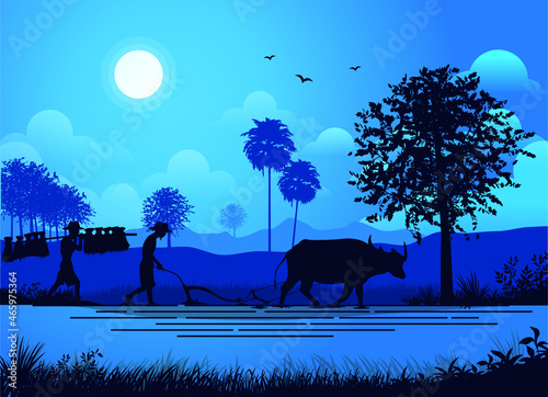 Vector. Buffalo plowing farmer lifestyle, Thailand, Asia