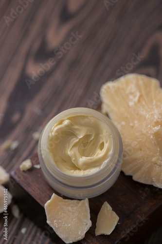 Natural organic cosmetics with cocoa butter. Homemade natural cream.