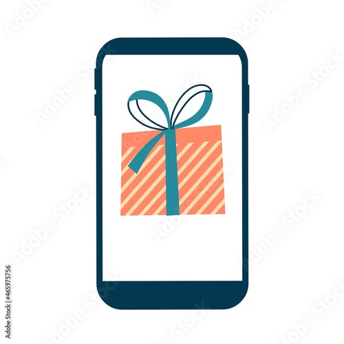 Online gift concept, smartphone with gift box. Flat style. Vector illustration isolated on a white background. Holiday online delivery.