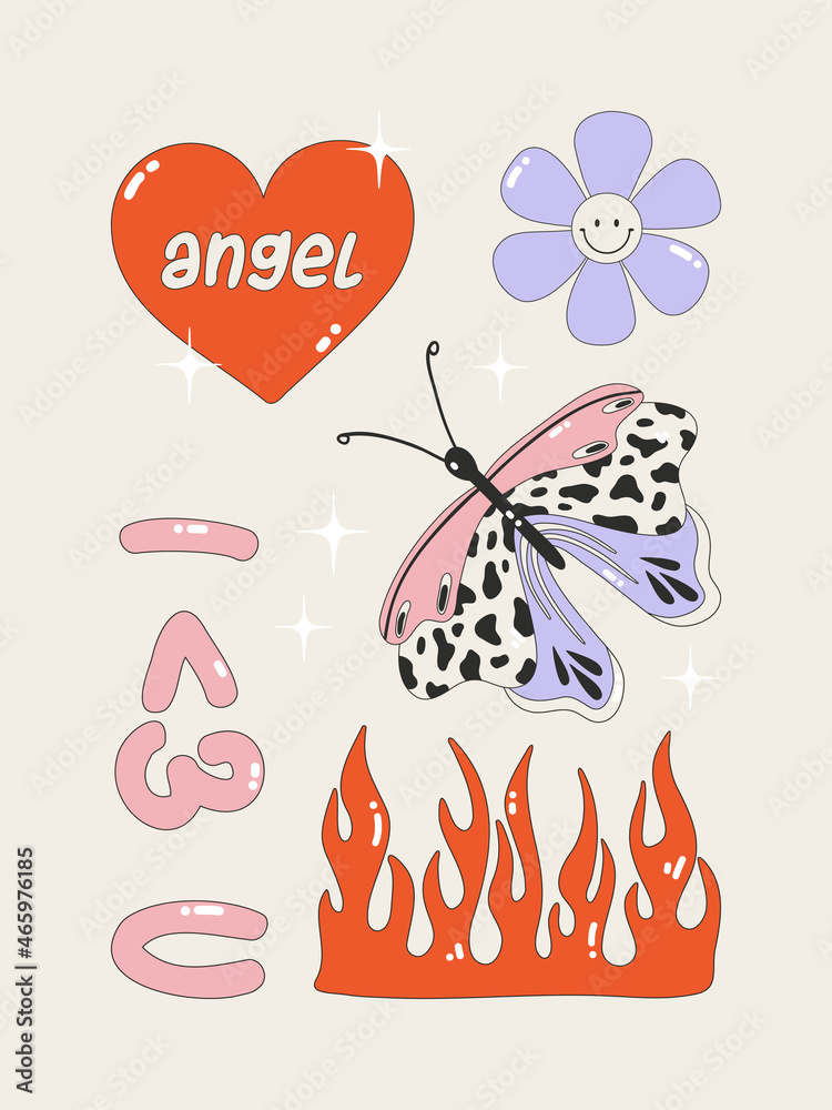 Modern poster on the theme of the 00s. Stylish print with heart, butterfly, flame and flower. Glamorous vector illustration Y2k. Nostalgia for the 2000 years. Modern poster on the theme of the 00s. Stylish print with heart, butterfly, flame and flower. Glamorous vector illustration Y2k. Nostalgia for the 2000 years.