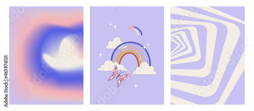 Set of posters on the theme of the 00s. Geometric abstract poster, gradient background and stylish print with rainbow, clouds and butterfly. Glamorous vector illustration Y2k. Nostalgia for the 00s