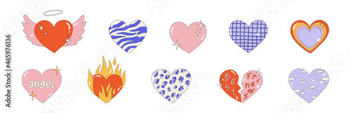 Set of different hearts. Vector illustration of cute hearts for Valentine's day. Hearts with animal print, wings, fire. Nostalgia for the 2000 years. Y2k style. All elements are isolated