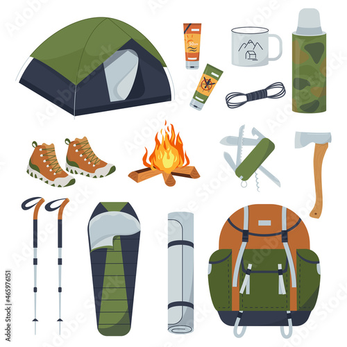 Vector set of elements for tourist camping or hiking. Summer camp with tent, fire, bag, sleeping bag, Nordic walking sticks, folding knife, thermos. Camping items.