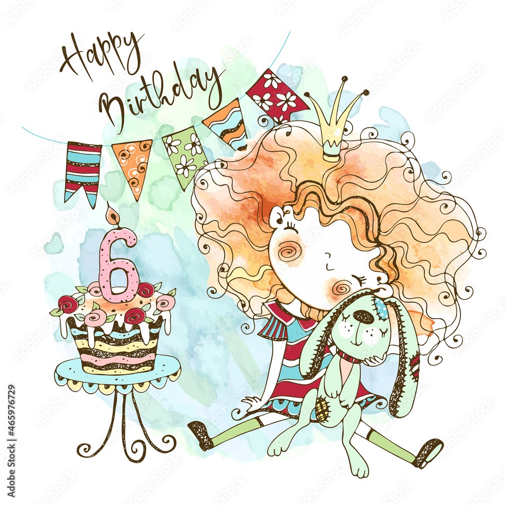 Birthday greeting card with a cute red-haired girl with a bunny for her sixth birthday in watercolor technique and doodle style. Vector