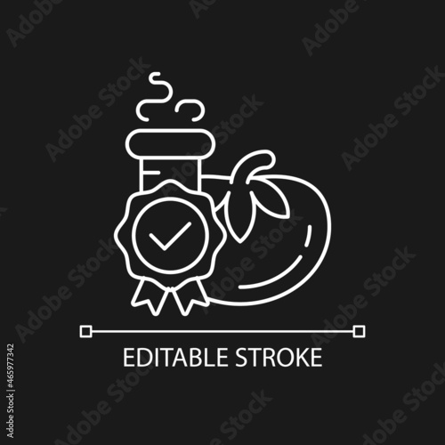 Food quality testing white linear icon for dark theme. Scientific food analysis. Product evaluation. Thin line customizable illustration. Isolated vector contour symbol for night mode. Editable stroke