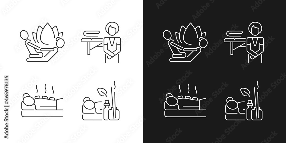 Beauty procedures linear icons set for dark and light mode. Stretching techniques. Applying heated stones. Customizable thin line symbols. Isolated vector outline illustrations. Editable stroke