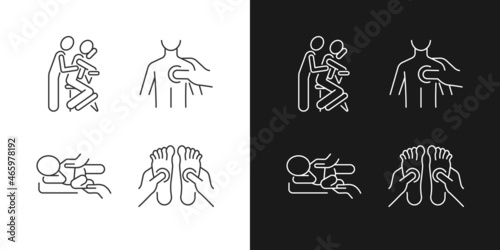 Massage therapy techniques linear icons set for dark and light mode. Pressing on trigger points. Treating colic. Customizable thin line symbols. Isolated vector outline illustrations. Editable stroke