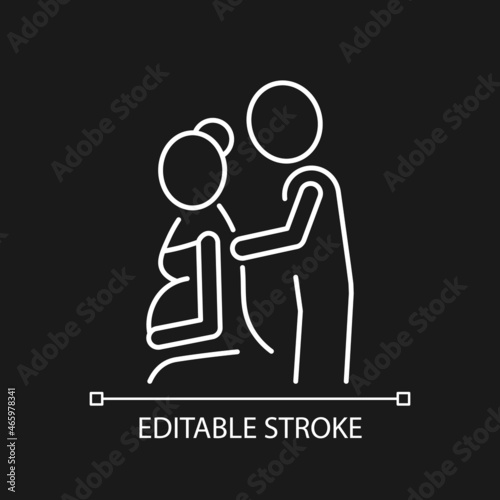 Pregnancy massage white linear icon for dark theme. Relax expecting mother body. Prenatal therapy. Thin line customizable illustration. Isolated vector contour symbol for night mode. Editable stroke