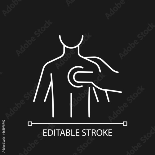 Trigger points massage white linear icon for dark theme. Focus on tense spots in body. Thin line customizable illustration. Isolated vector contour symbol for night mode. Editable stroke
