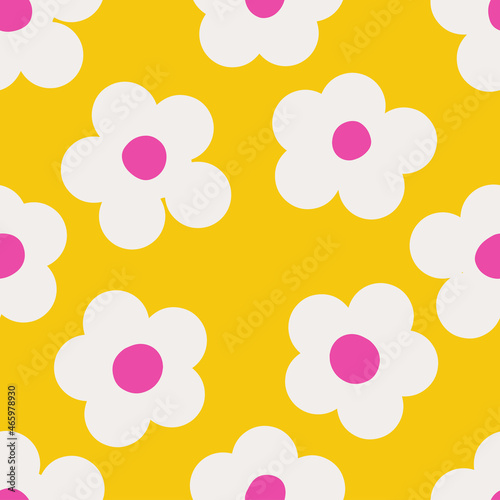 Naive seamless vibrant pattern with white daisies on a yellow background in doodle style. Bright minimalistic Contemporary graphic bauhaus design in vibrant colours. Scandinavian nursery print