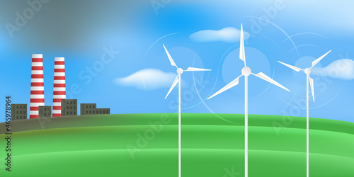 Wind turbines and factory with smokestacks. Vector illustration.