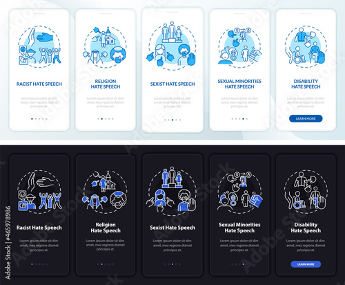 Verbal violence onboarding mobile app page screen. Racism and sexism walkthrough 5 steps graphic instructions with concepts. UI, UX, GUI vector template with linear night and day mode illustrations