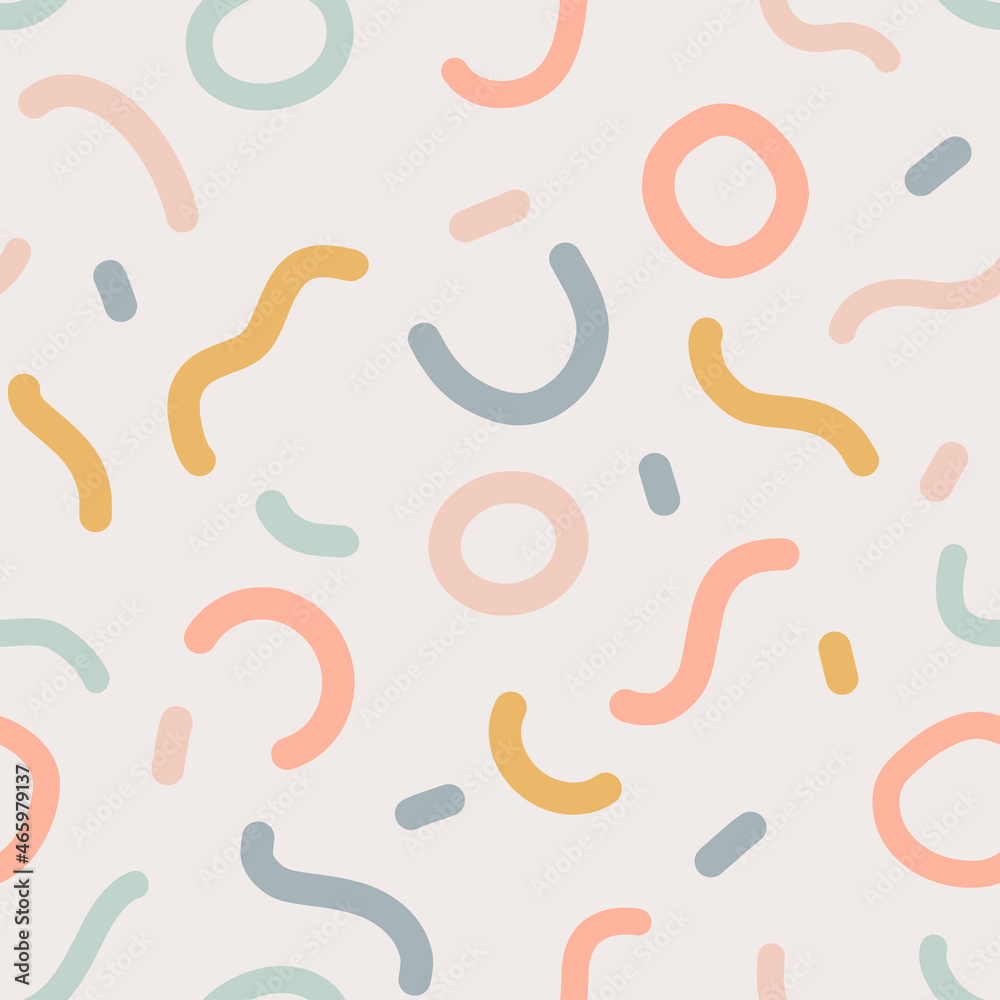 Naive seamless boho pattern with crazy colorful doodle lines of natural tones on a light background. Creative minimalistic trendy background design for kids. Simple childish scribble backdrop.