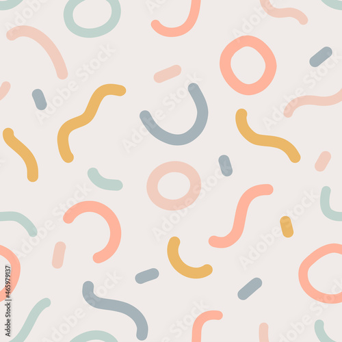 Naive seamless boho pattern with crazy colorful doodle lines of natural tones on a light background. Creative minimalistic trendy background design for kids. Simple childish scribble backdrop.