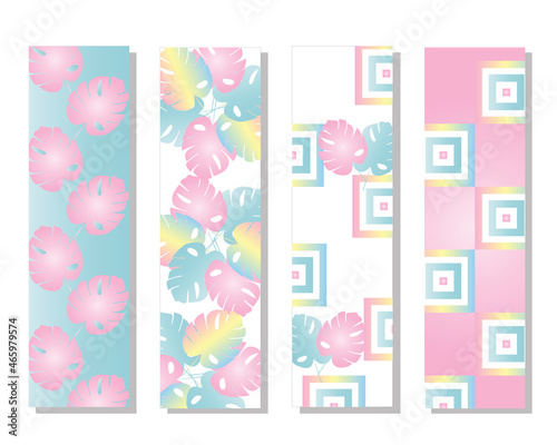 four bookmarks vector set with tropical leaves in pastel colors