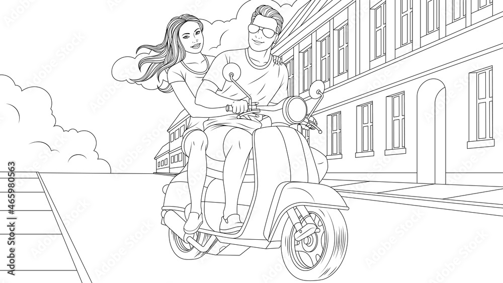 Vector illustration, a young beautiful couple in love ride a moped through the city streets