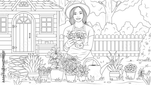 Vector illustration, beautiful girl gardener, plants flowers in the garden