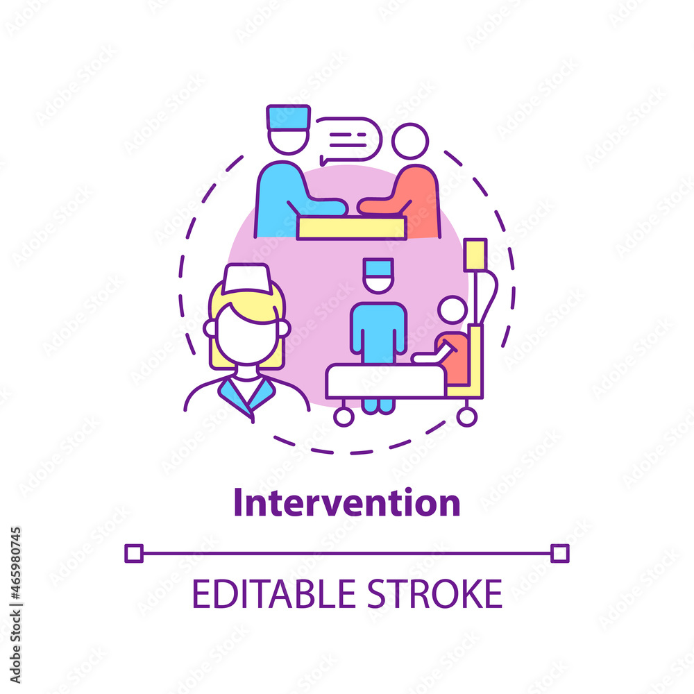 Intervention concept icon. Pulmonary rehabilitation abstract idea thin line illustration. Physiotherapist advice and prescription. Vector isolated outline color drawing. Editable stroke