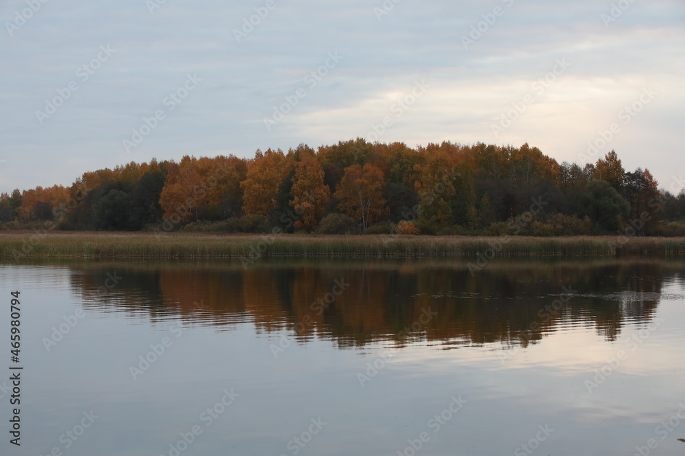 Autumn forest on the shore of the lake reflected in the calm water.Natural landscape in Russia