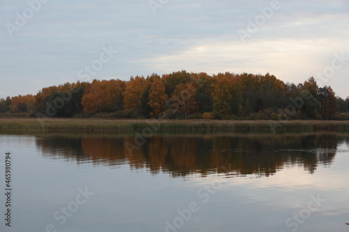 Autumn forest on the shore of the lake reflected in the calm water.Natural landscape in Russia