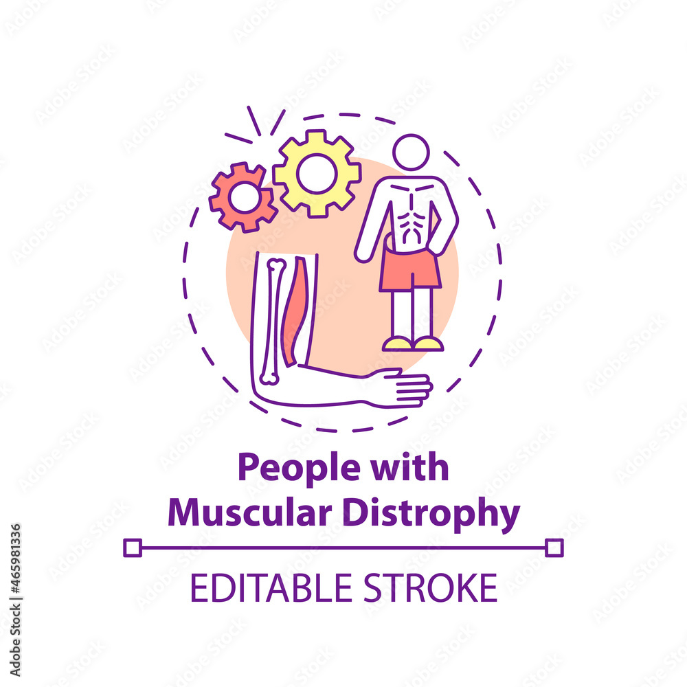 People with muscular distrophy concept icon. Pulmonary rehab abstract idea thin line illustration. Muscle weakness and loss. Genetic disorder. Vector isolated outline color drawing. Editable stroke People with muscular distrophy concept icon. Pulmonary rehab abstract idea thin line illustration. Muscle weakness and loss. Genetic disorder. Vector isolated outline color drawing. Editable stroke