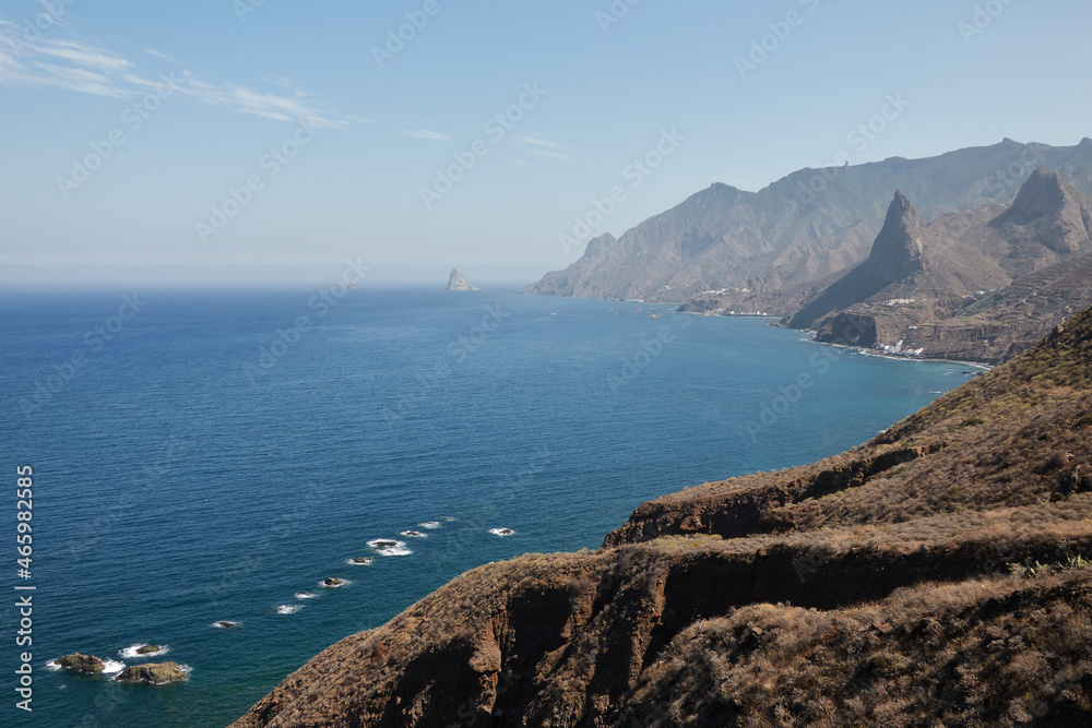 The Tamadite Beach Trail, in the Anaga Massif, from which you can see the Roque de las Ánimas, Taganana and the entire coast. Tenerife. Canary Islands. Spain