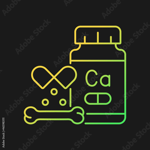 Calcium supplements gradient vector icon for dark theme. Complementary medication for vegans and lactose intolerant. Thin line color symbol. Modern style pictogram. Vector isolated outline drawing