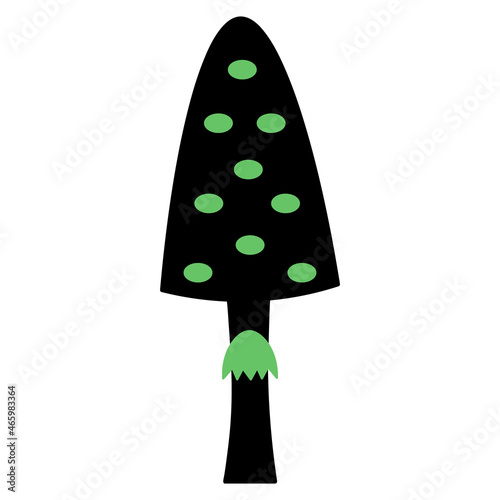 Fly agaric. Silhouette with green spots. Amanita - small poisonous mushroom. Vector illustration. Not edible, hallucinogenic mushroom. Isolated white background. Halloween symbol. Idea for web design.