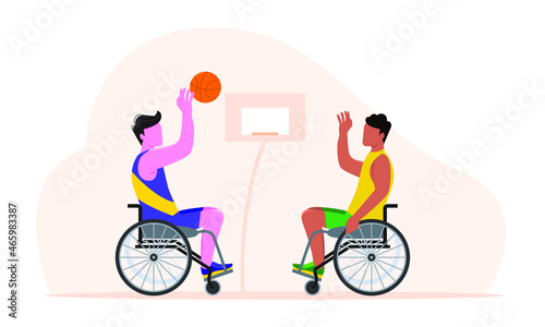 Person with a physical disability. athletes playing basketball. People in a wheelchair.  Vector illustration in a flat style. Active people.