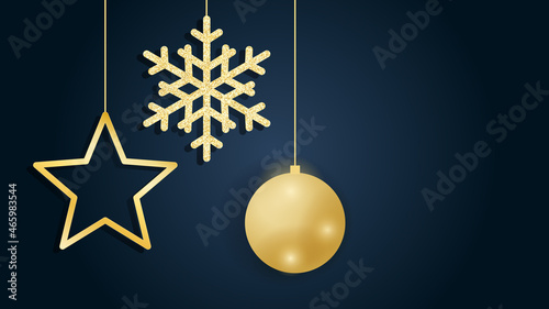 Gold Christmas objects on blue. Christmas card