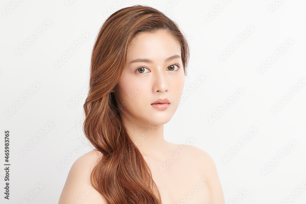 Fototapeta premium Beautiful young asian woman with clean fresh skin on white background, Face care, Facial treatment, Cosmetology, beauty and spa, Asian women portrait.