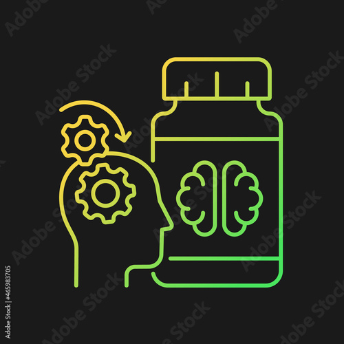 Mental work supplements gradient vector icon for dark theme. Natural brain enhancers. Nootropic medication. Thin line color symbol. Modern style pictogram. Vector isolated outline drawing