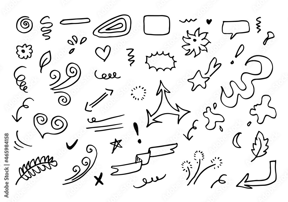 Hand drawn set elements, black on white background. Arrow, heart, love, star, leaf, sun, light, flower, crown, king, queen,Swishes, swoops, emphasis ,swirl, heart, for concept design.