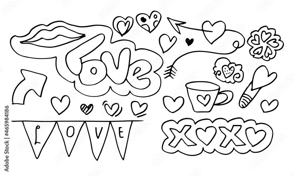 hand drawn doodles set for Valentine's Day. collection of beautiful hearts and writings Love. Vector illustration. hand drawn doodles set for Valentine's Day. collection of beautiful hearts and writings Love. Vector illustration.