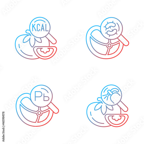 Food contaminant testing gradient linear vector icons set. Heavy metals and pesticide detection. Product content analysis. Thin line contour symbols bundle. Isolated outline illustrations collection