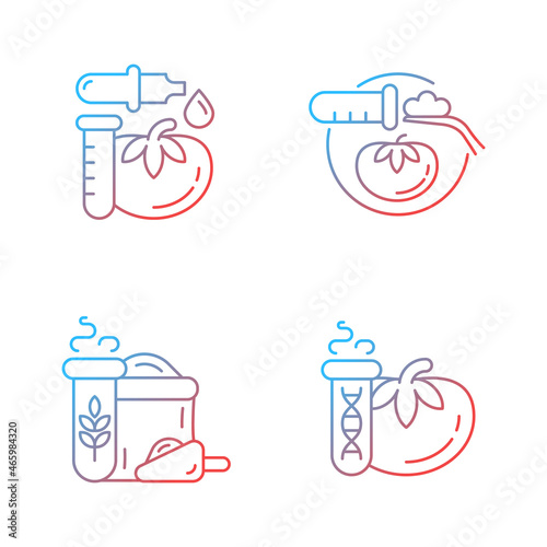 Artificial food additives gradient linear vector icons set. Modified organic products. Nutrition sampling and analysis. Thin line contour symbols bundle. Isolated outline illustrations collection