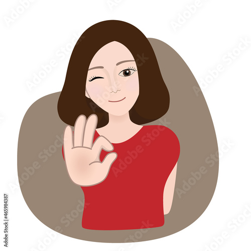 Happy woman showing OK sign. Vector illustration.