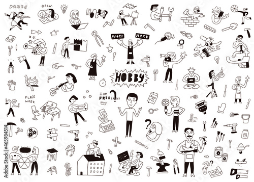 hoobby , creation ,work people hand drawn doodle set