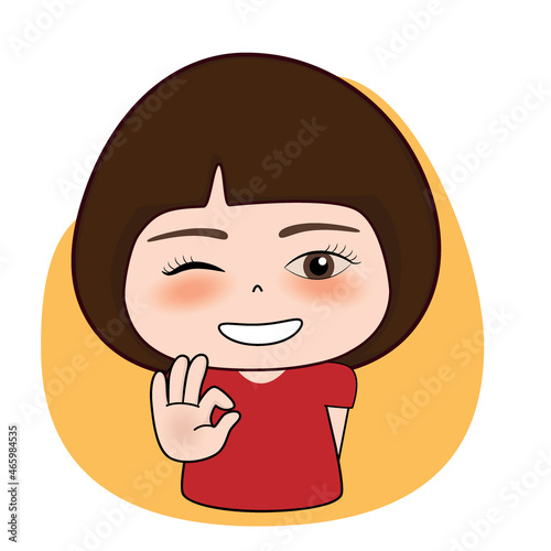 Happy woman showing OK sign. Vector illustration.