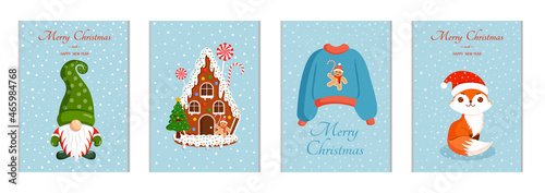 Set of cute Christmas cards. Collection of vector New Year illustrations with gnome, gingerbread house, sweater and fox.