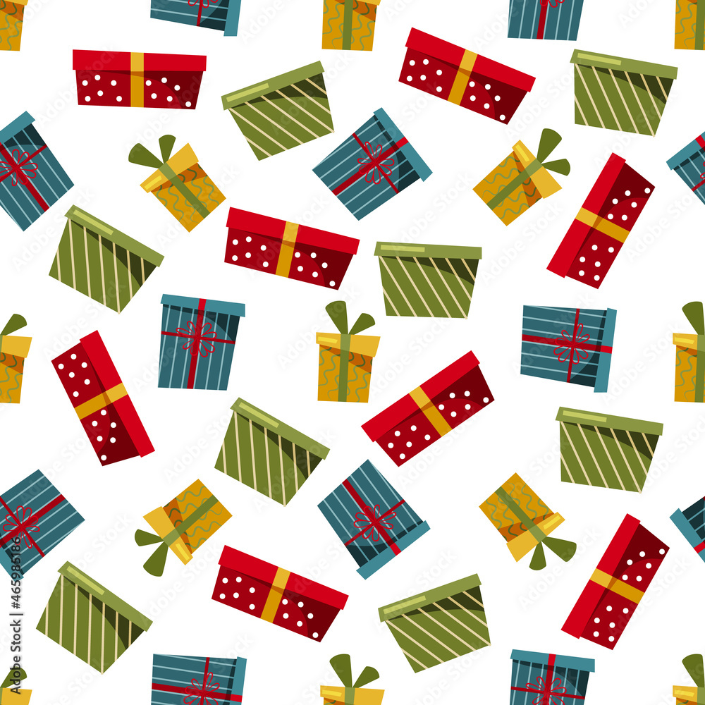 Merry Christmas and Happy New Year seamless pattern. Colorful multicolored cardboard gift boxes on a white background. Vector. Merry Christmas and Happy New Year seamless pattern. Colorful multicolored cardboard gift boxes on a white background. Vector.